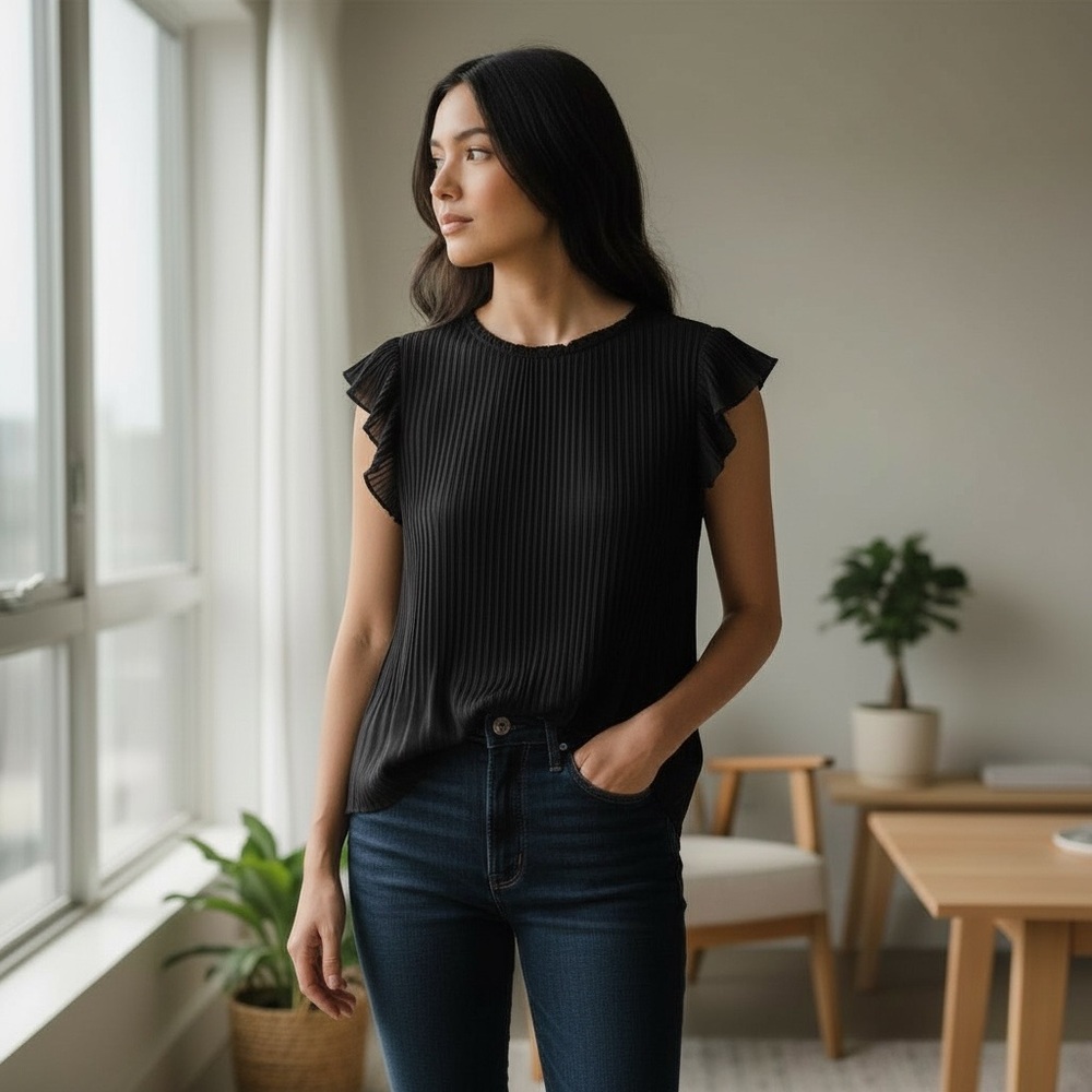 Ann Taylor Black Pleated Ruffle Blouse